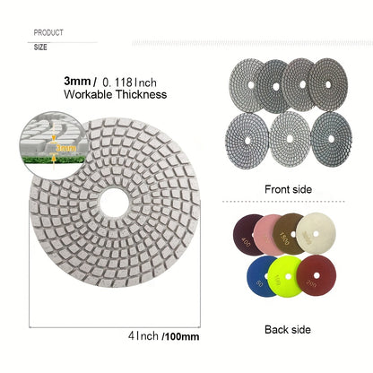 7Pcs 4" Diamond Wet Flexible Polishing Pads 100mm White Resin Bond Sanding Disc for Granite Stone Marble
