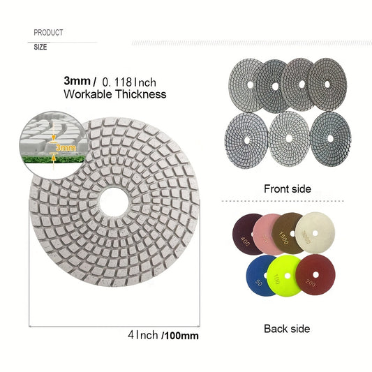 7Pcs 4" Diamond Wet Flexible Polishing Pads 100mm White Resin Bond Sanding Disc for Granite Stone Marble